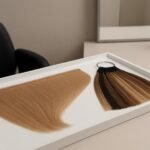 Wholesale seamless clip-in extensions laid flat with a multi-tone color ring for salon shade matching