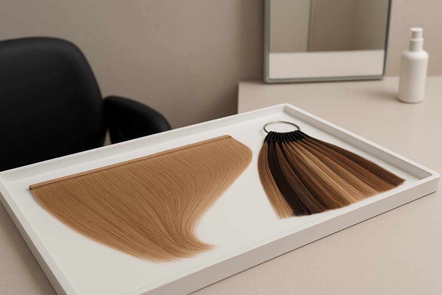 Wholesale seamless clip-in extensions laid flat with a multi-tone color ring for salon shade matching