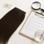 Human hair extensions quality inspection setup with checklist and magnifying glass