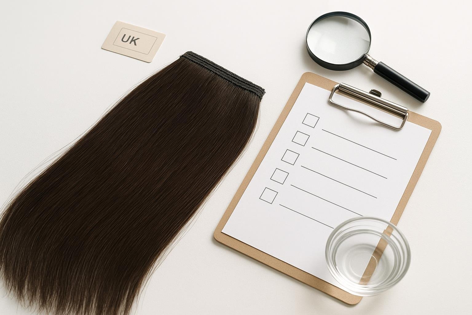 Human hair extensions quality inspection setup with checklist and magnifying glass