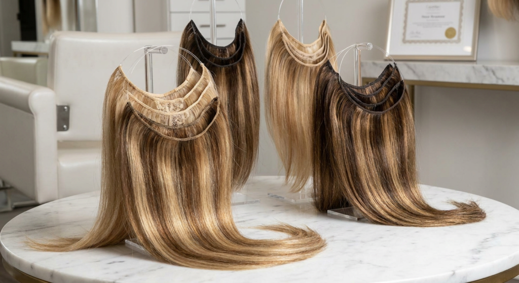 Premium wholesale halo hair extensions showcasing invisible wire and lace weft construction