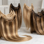 Premium wholesale halo hair extensions showcasing invisible wire and lace weft construction