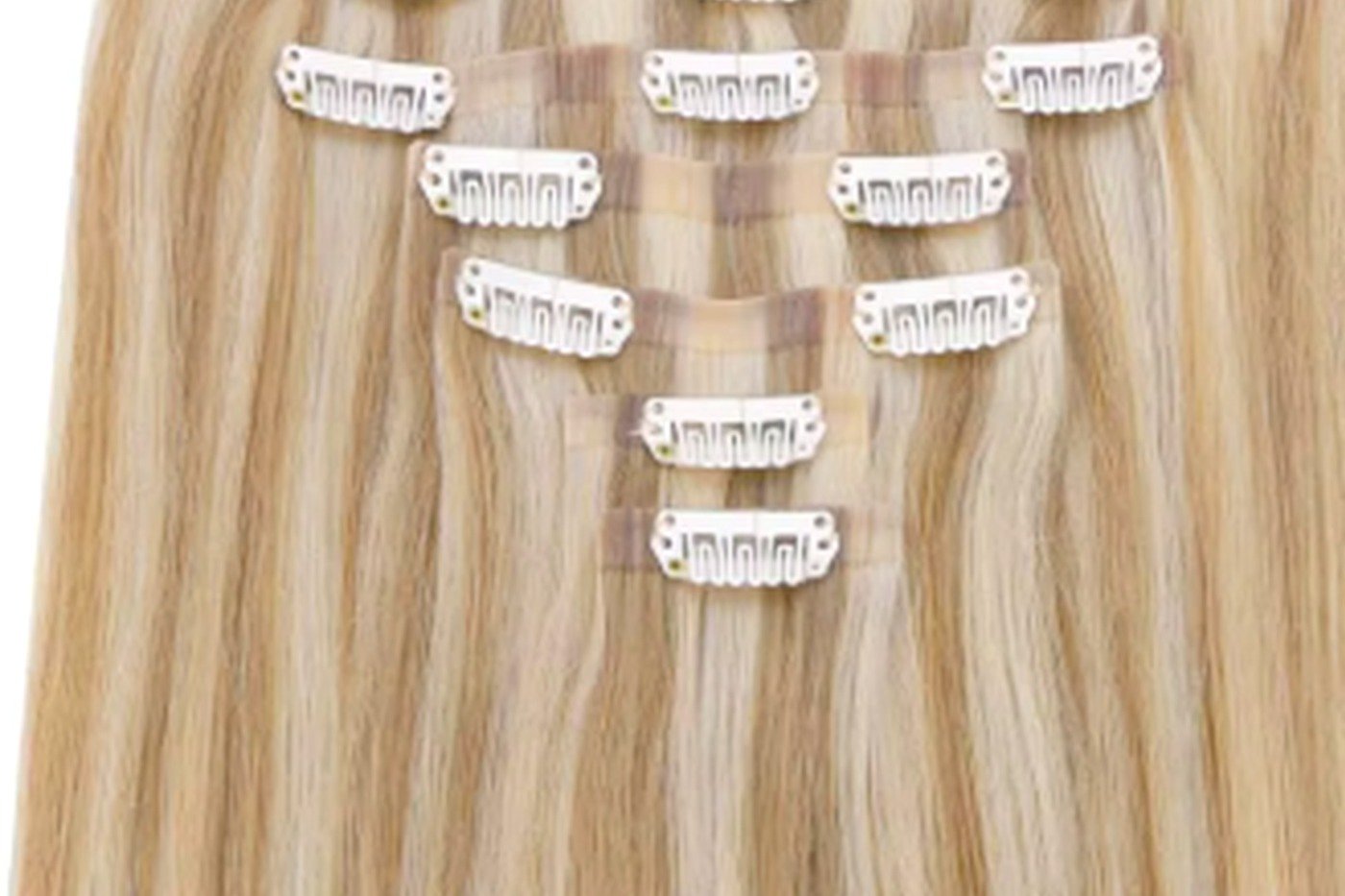 Wholesale clip-in hair extension wefts with pressure clips visible on Remy human hair tracks