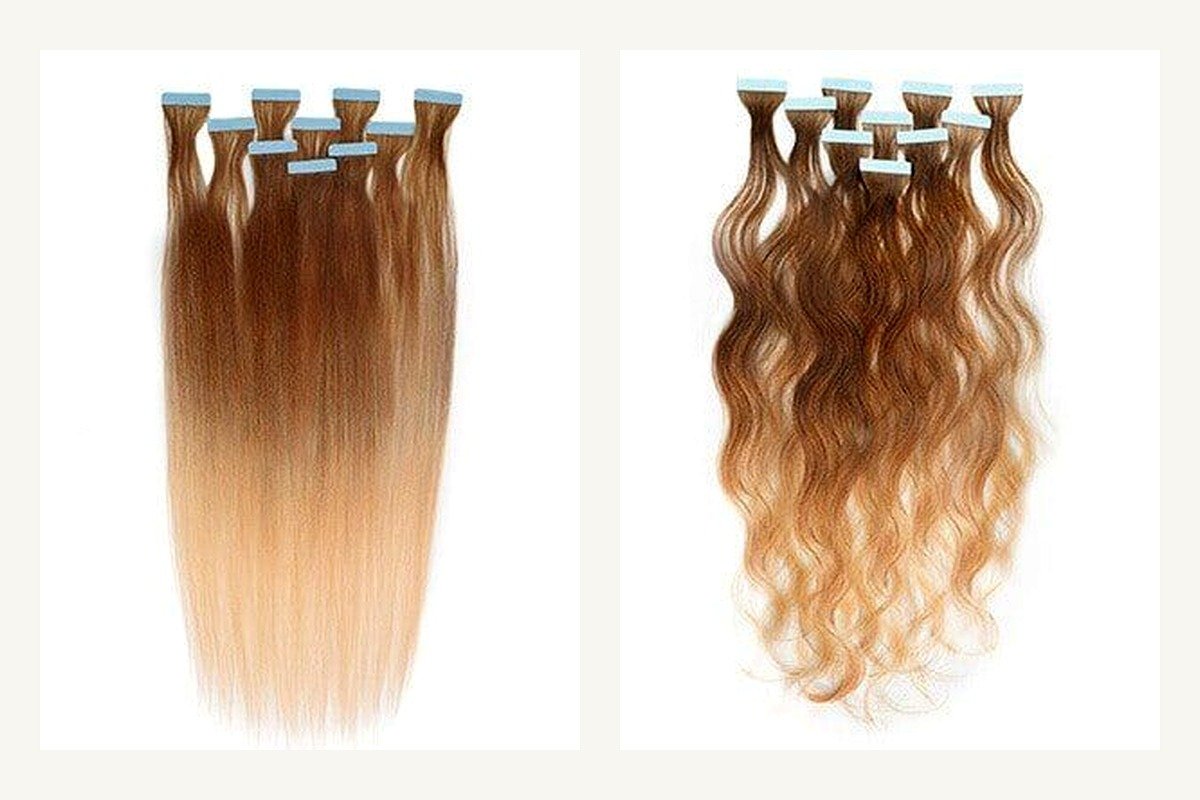 Two wholesale tape-in Remy human hair samples compared for density and thick ends during buyer QC