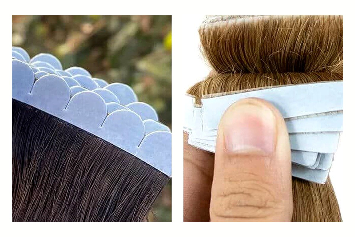 Side-by-side inspection of tape-in single weft strips and flat rectangular adhesive tabs for salon QC