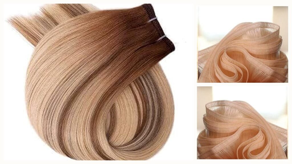 Salon buyer QC layout of wholesale flat weft hair extensions with thin flexible semi-translucent band on Virgin human hair bundles