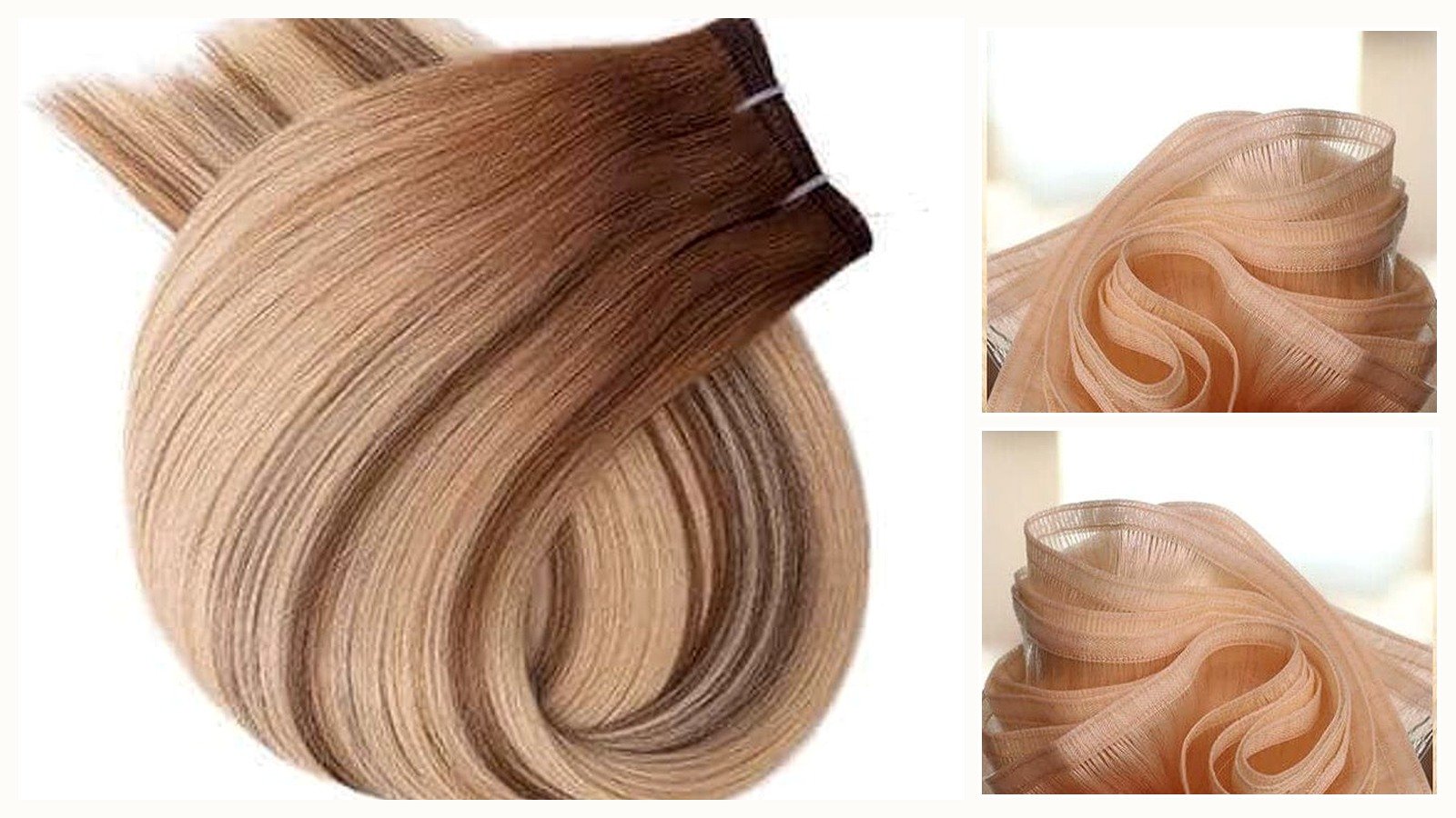 Salon buyer QC layout of wholesale flat weft hair extensions with thin flexible semi-translucent band on Virgin human hair bundles