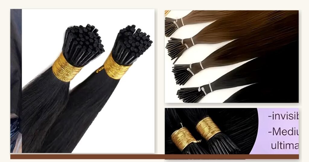 Salon buyer QC layout of wholesale i tip hair extensions with cylindrical keratin stick tips on Remy human hair bundles