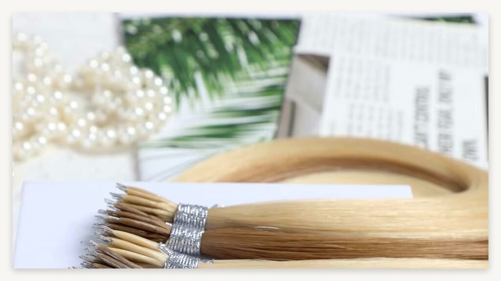 Salon buyer QC layout of wholesale nano ring hair extensions with tiny metal loops on Remy human hair bundles