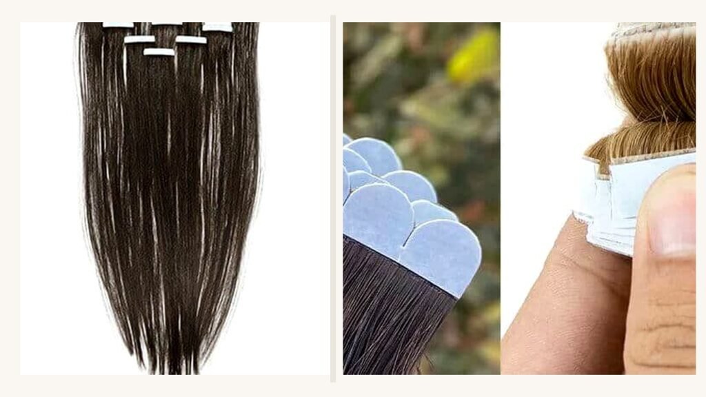 Salon buyer QC layout of wholesale tape-in hair extensions with adhesive tabs and Remy human hair packs