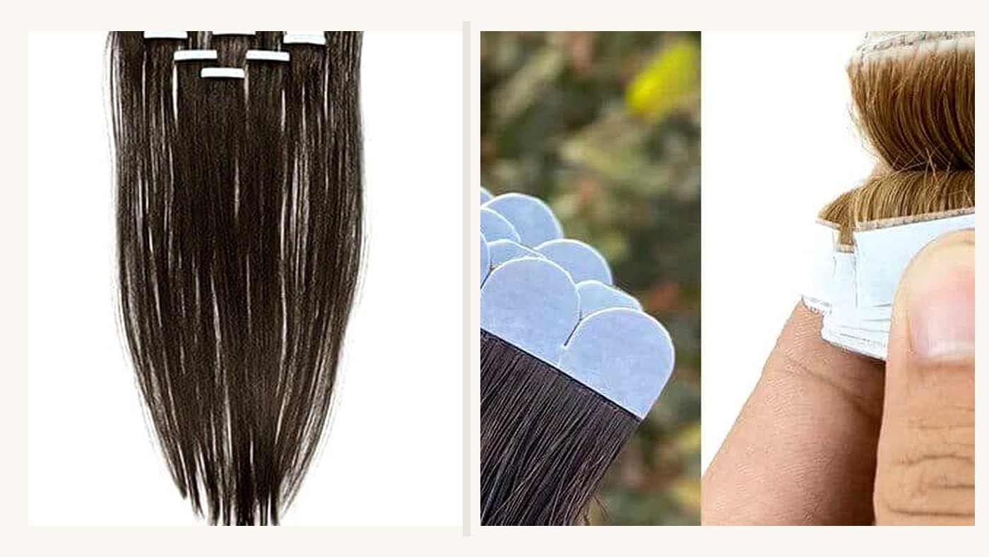 Salon buyer QC layout of wholesale tape-in hair extensions with adhesive tabs and Remy human hair packs