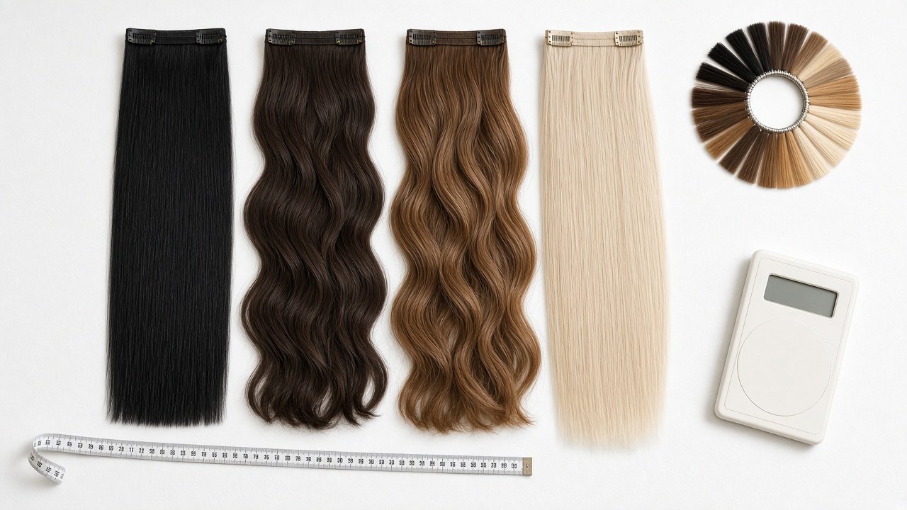 Clip-in human hair extension samples in black, dark brown body wave, caramel wave, and platinum blonde laid beside a color ring and measuring tape for manufacturer color and length checks