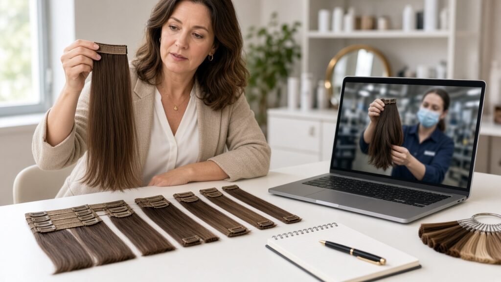 Salon buyer holding a clip-in human hair extension weft up to a laptop during a video inspection call with a clip in hair extensions manufacturer