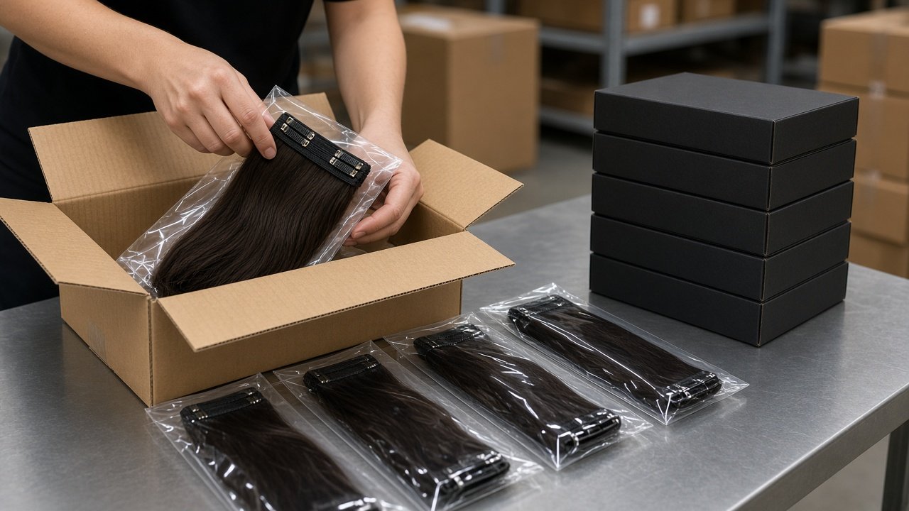 Clip-in hair extension wefts packed one per clear plastic bag beside plain private label boxes and a shipping carton at a manufacturer packing table