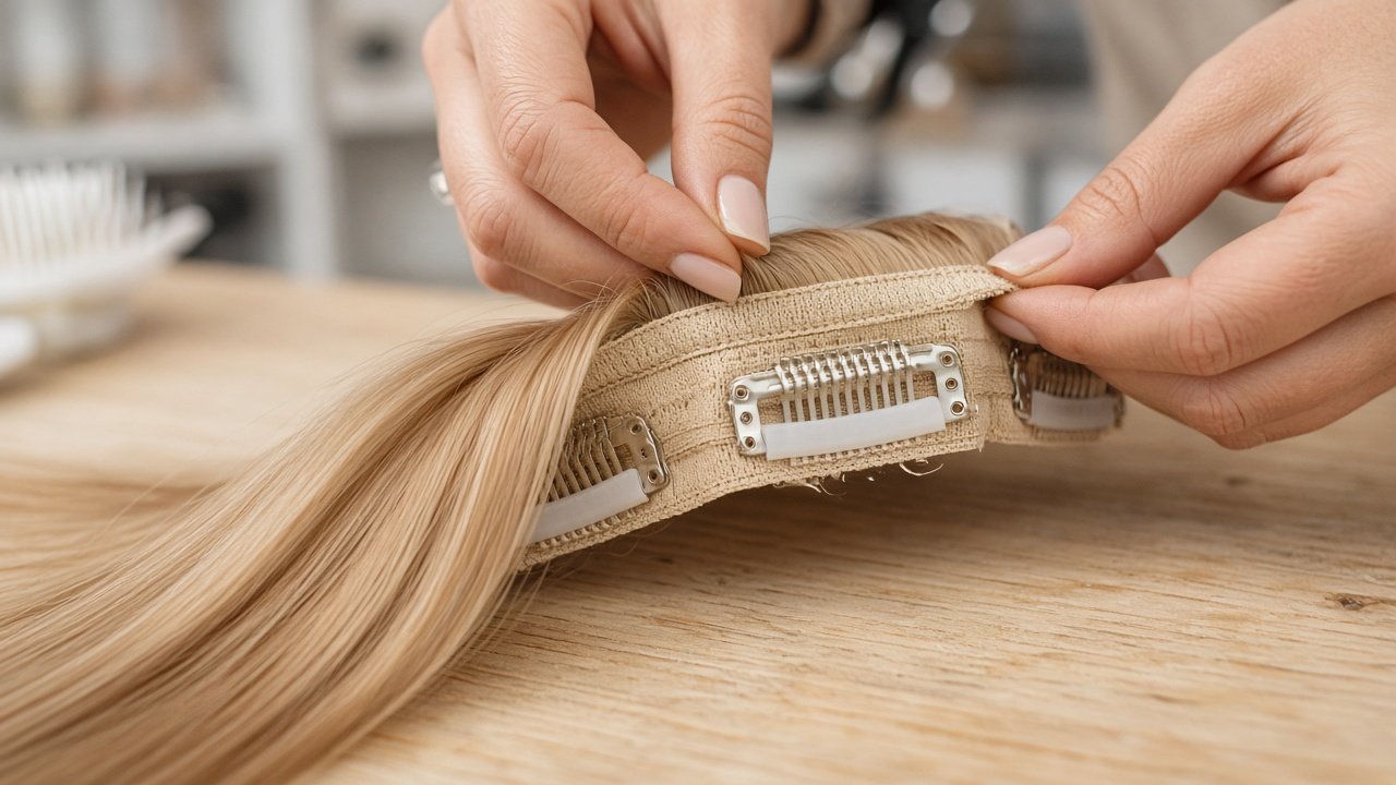 Stylist checking the underside of a clip-in hair extension weft with metal snap clips, silicone grip pads, and weft stitching before approving a manufacturer sample