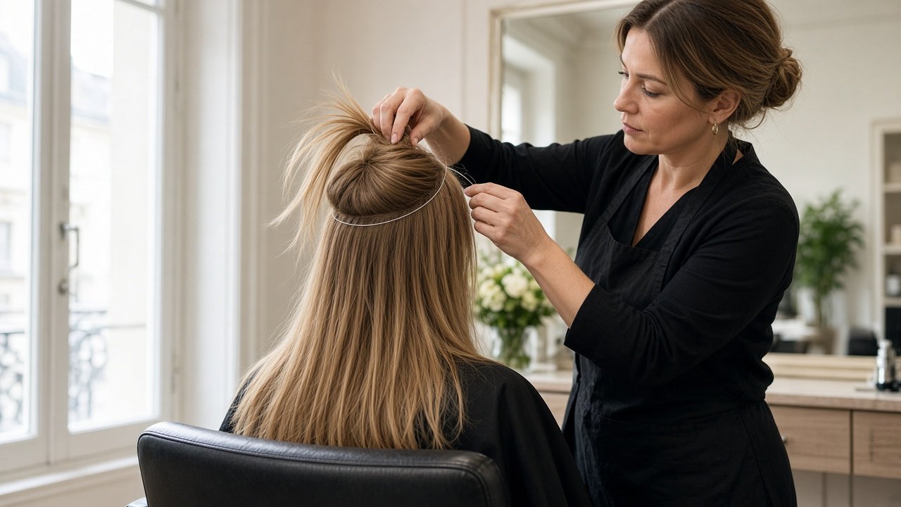 Stylist fitting a wholesale halo hair extension wire around the crown in a European salon to check blend and fit before stocking
