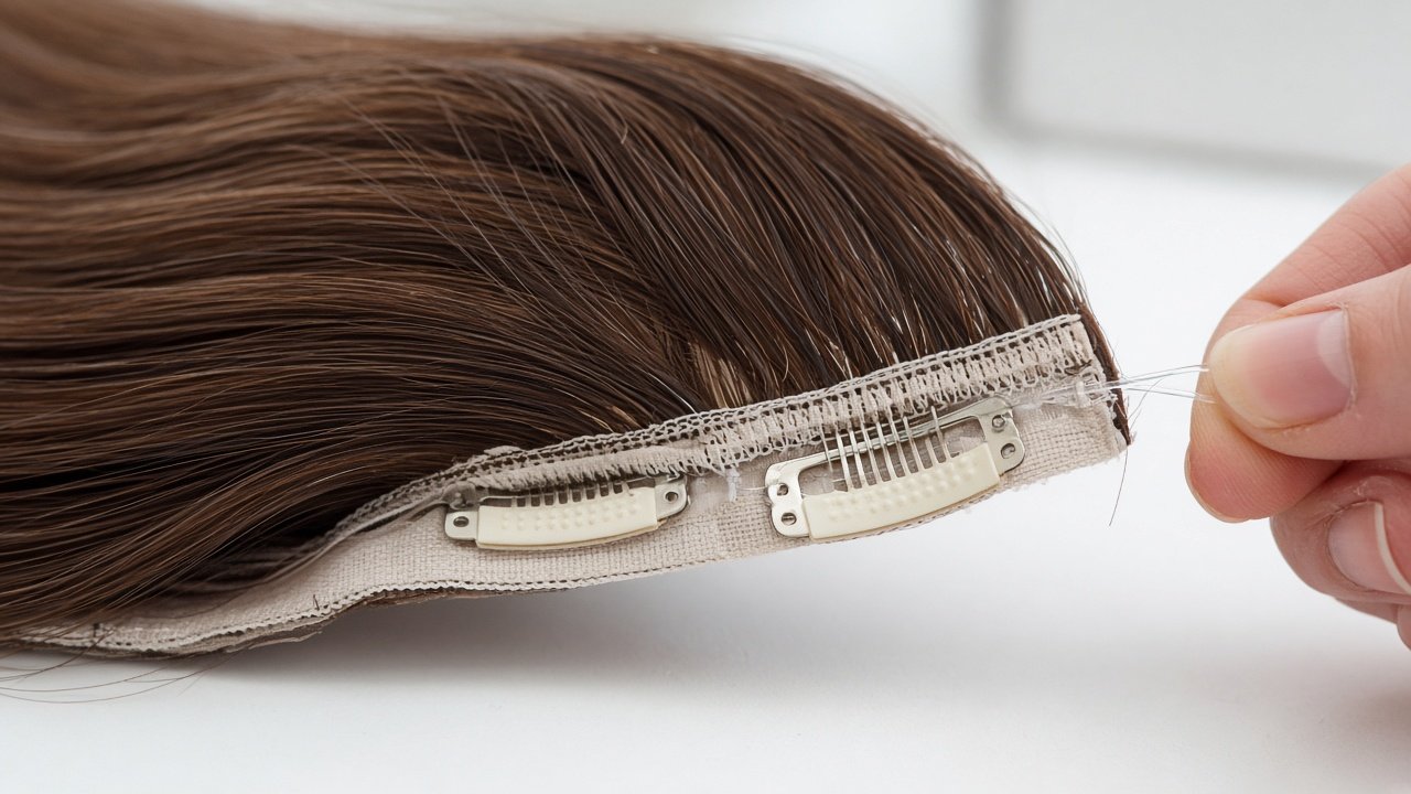 Underside QC of a wholesale halo hair extension showing the invisible wire end and snap clips with nonslip silicone pads on the weft