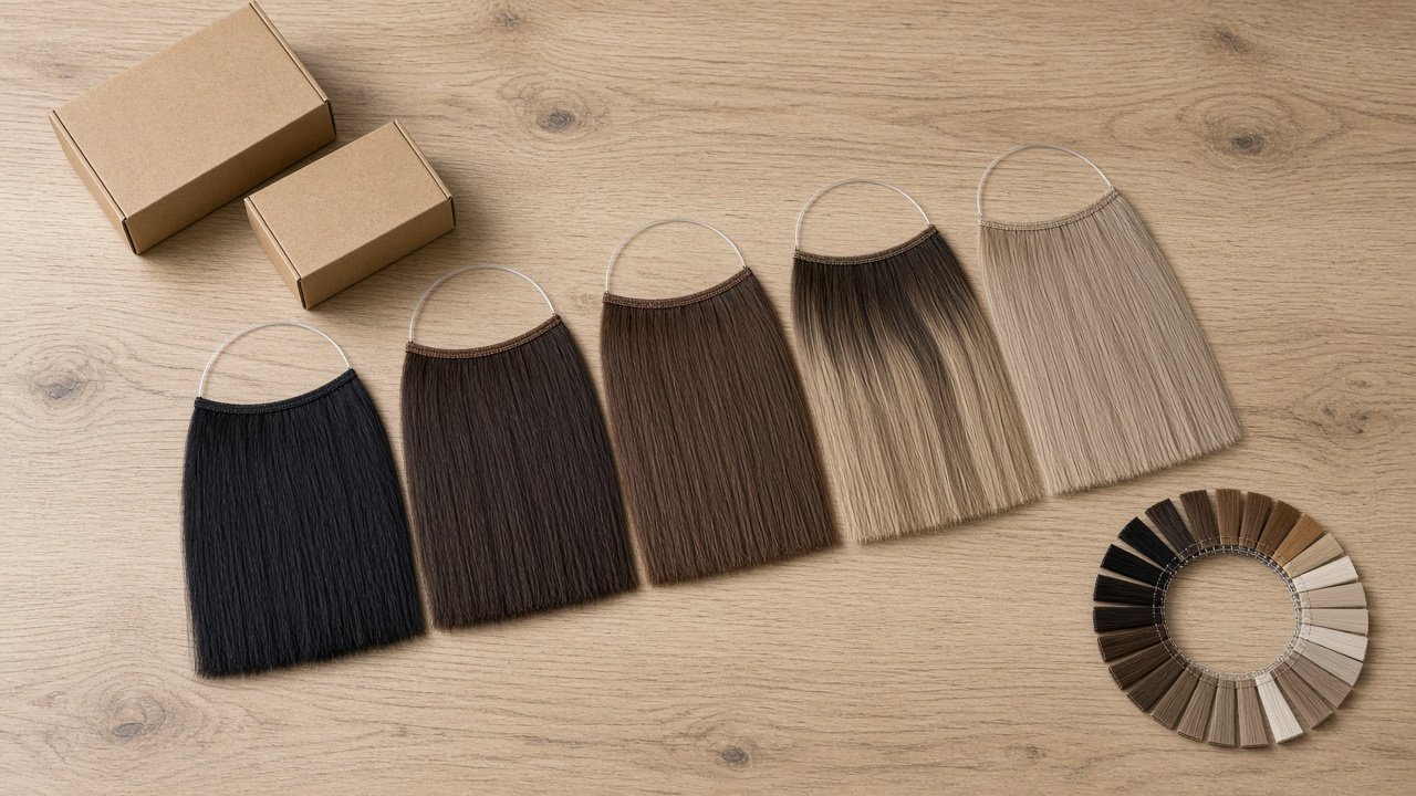 Five bulk halo hair extensions in different shades with wire loops laid beside a color ring for small-batch color and length QC