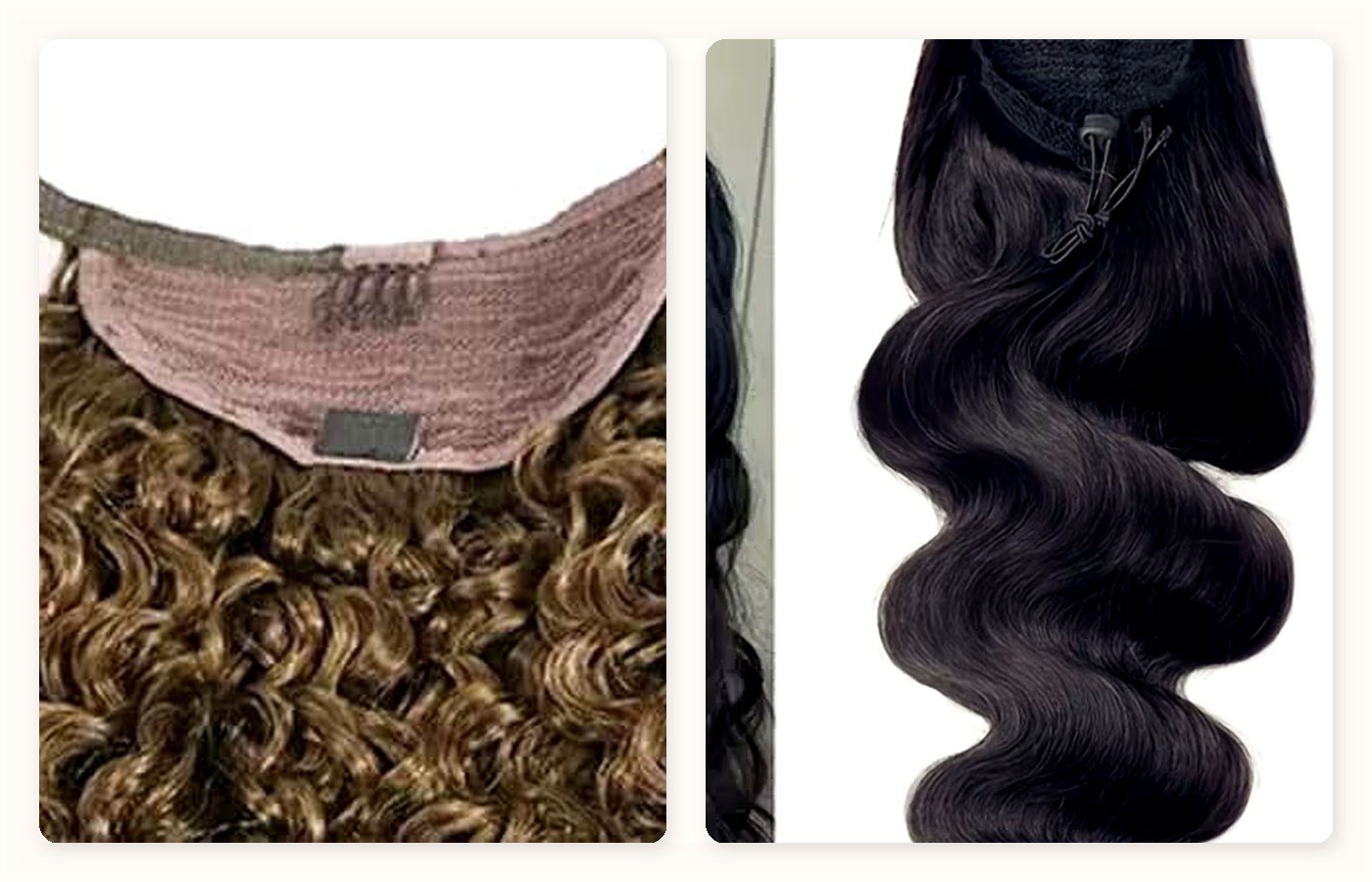 Close-up underside QC of wholesale ponytail bases showing wrap-around comb velcro wrap strand versus drawstring mesh pocket with toggle