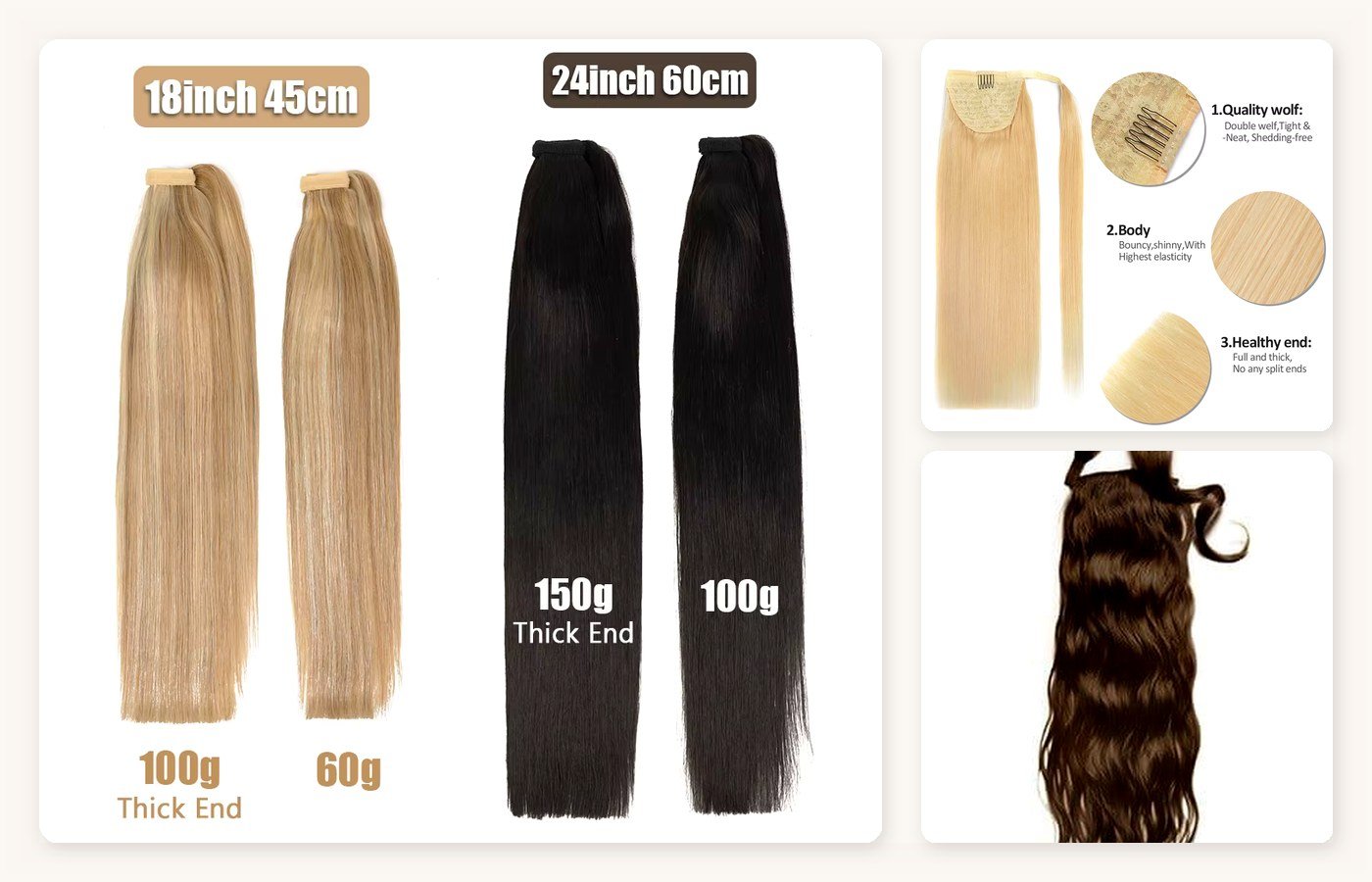 Wholesale ponytail Remy human hair stock packs compared for color length and wrap-base consistency during buyer QC