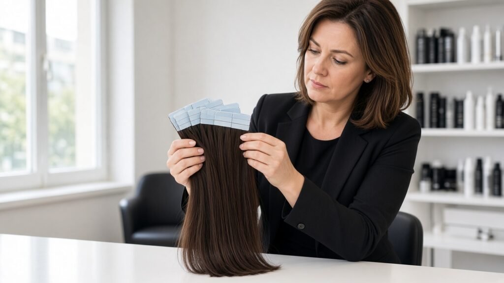 Salon buyer reviewing tape-in human hair extension tab packs beside a quote notepad during a manufacturer private-label sample check
