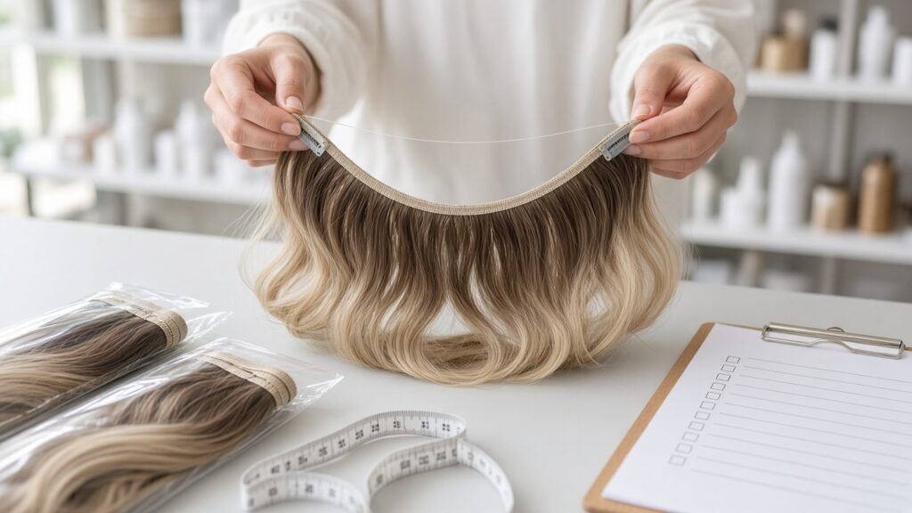 Salon buyer holding a wholesale halo hair extension weft with clear invisible wire at a stockroom QC table