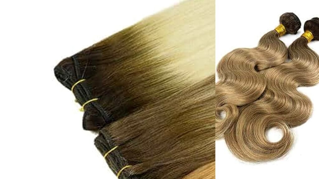 Salon buyer QC layout of wholesale machine weft hair extensions with machine-stitched double weft multi-strip sewn heads on Remy human hair bundles