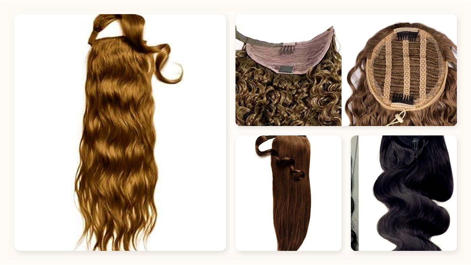 Salon buyer QC layout of wholesale ponytail hair extensions showing wrap-around wrap strand and drawstring mesh comb toggle hardware on Remy human hair ponies